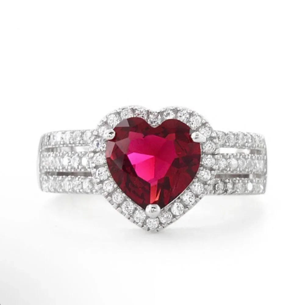 925 Sterling Silver Red Ruby Heart Ring CZ Halo Triple Band Wedding Promise Ring